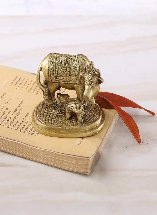 Two Moustaches Brass Holy Kamdhenu Cow and Calf Sculpture, Standard, Pack of 1 - Image 4